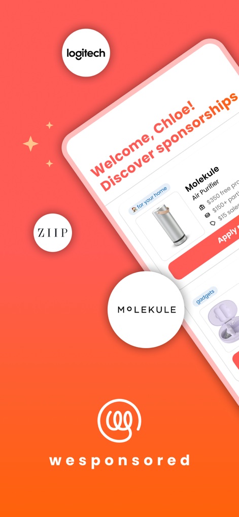weSponsored Influencer App - La aplicación recibe a los usuarios con un mensaje personalizado y presenta una lista de patrocinios potenciales con marcas como Molekule.