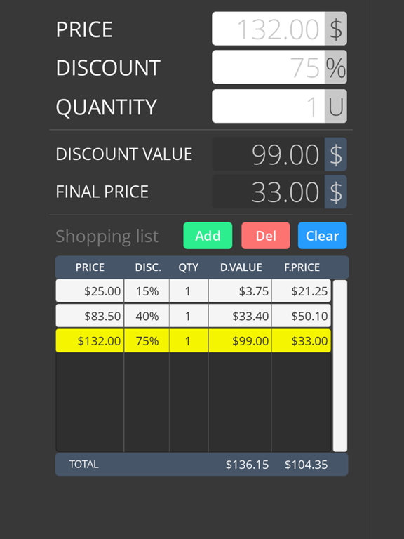 Discount Calculator with List iPad screenshot 1 - Shopping app
