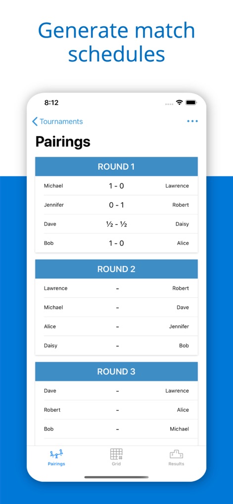 Tournament Maker - Bracket - Die App visualisiert generierte Spielpläne übersichtlich nach Runden und zeigt direkt die Match-Paarungen mit Zwischenständen an.