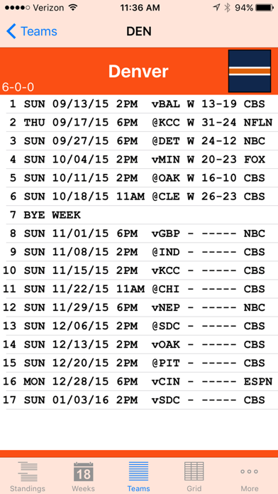 Pro Football Schedule Screenshot