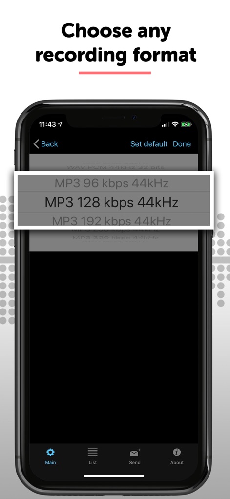 Dictaphone - Audio Recorder - 사용자는 필요에 따라 다양한 녹음 형식과 비트레이트를 선택하여 최적의 오디오 품질을 얻을 수 있습니다. 'MP3 128 kbps 44kHz'와 같은 옵션을 통해 선명한 음성 기록을 보장합니다.