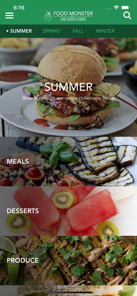 Food Monster - Vegan Recipes - The app offers dynamic seasonal recipe categories like 'Summer' and intuitive food type sections such as 'Meals' and 'Desserts'.