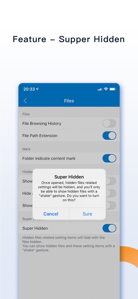 FileMate - La aplicación potencia la privacidad con la función 'Super Hidden', que se activa mediante un diálogo de confirmación y gestiona la visibilidad de archivos sensibles con interruptores de configuración.