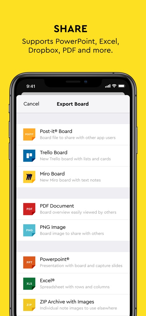 Post-it® - Discover the extensive sharing capabilities, featuring direct export to popular formats like PDF and PNG, and seamless integration with platforms such as Trello and Miro.