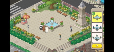 We Bare Bears Match3 Repairs - Users can customize their environments, selecting decor like the decorative fountain, to create unique spaces alongside the three bears.