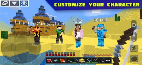 Planet of Cubes Craft and Mine - Os jogadores têm a liberdade de personalizar seus avatares, como demonstrado pelos quatro personagens com skins e armaduras distintas. O cenário desértico com um corpo de água ao fundo ressalta a diversidade de ambientes do jogo.