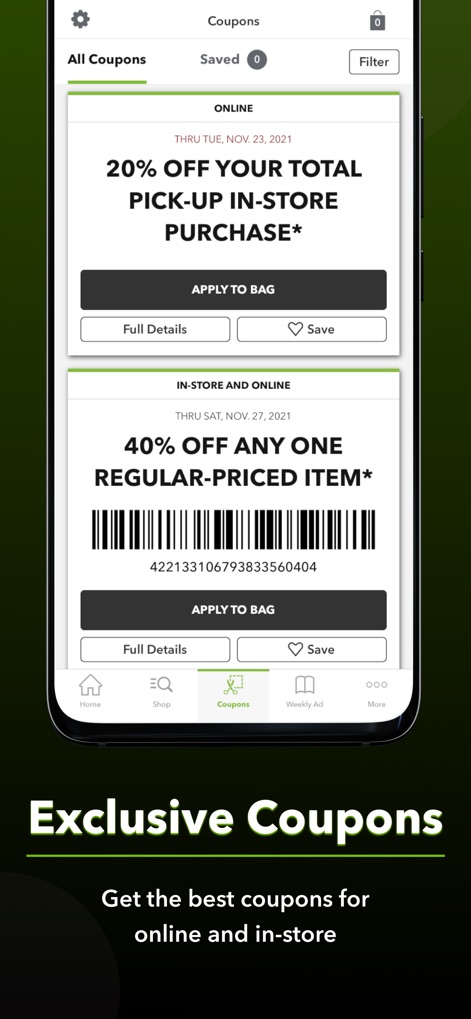 JOANN - Shopping & Crafts - The app delivers exclusive savings directly to users, showcasing a variety of coupons for online and in-store purchases, complete with a scannable barcode for effortless redemption.