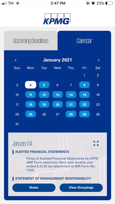 KPMG Online Tax Calendar Screenshot