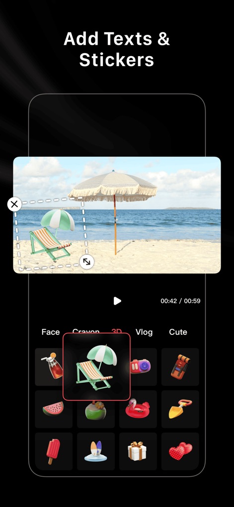 LightCut - AI Video Editor - Enhance videos with dynamic text and a rich library of stickers, including interactive "3D" elements and diverse categories like "Vlog."
