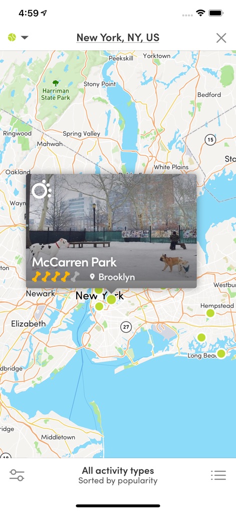 BringFido - The interactive map view allows users to discover local pet-friendly attractions, with a clear pop-up detail card providing essential information about parks and activities.