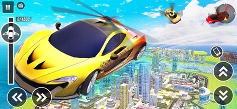 Flying Car: Robot Car Games - Admire the sophisticated design of the yellow flying car, soaring above a sprawling cityscape that merges with an expansive ocean backdrop.