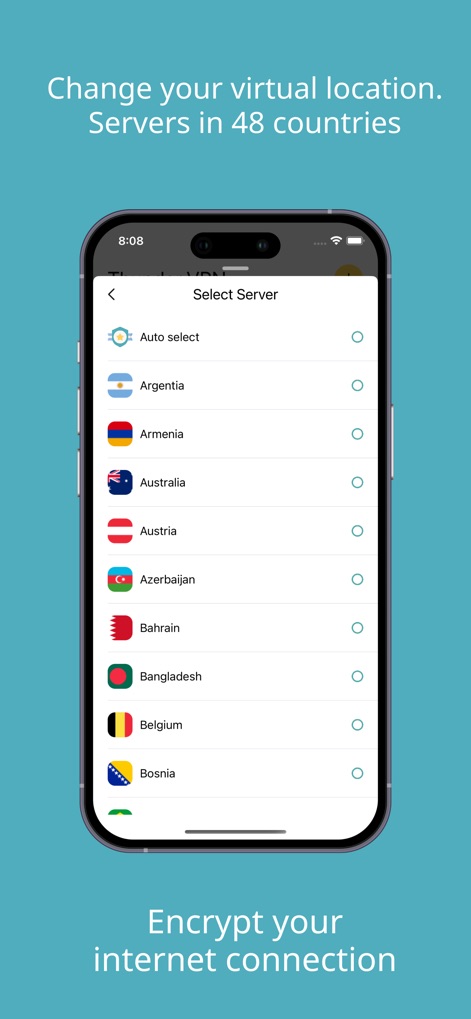 Thunder VPN: VPN Fast & Secure - Explore the extensive list of global server locations, each clearly represented by its country flag, and note the convenient 'Auto select' option for optimal connection.