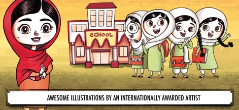 Women Who Changed the World - App users are treated to the beautiful and expressive illustrations, exemplified by the depiction of Malala Yousafzai and her school friends in front of their school.