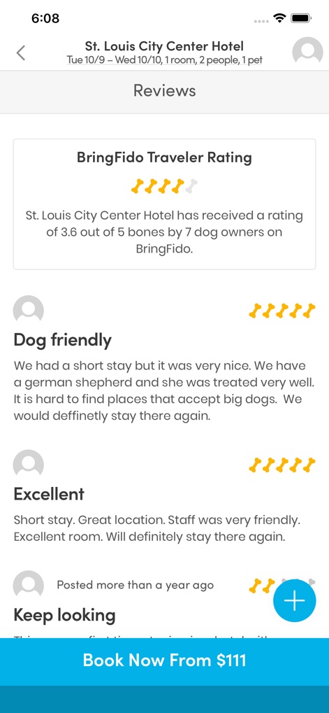 BringFido - Users can browse authentic community feedback through the 'BringFido Traveler Rating' system and read individual 'Dog friendly' comments to gauge pet-friendliness.