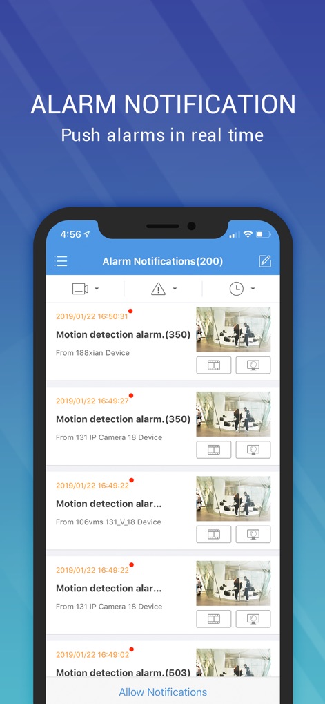 EZView UNV - Users receive immediate notifications for security events, presented in an organized list with visual previews of motion detection alarms for quick assessment.