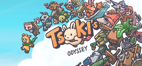 Tsuki's Odyssey - The key art captures the whimsical essence of the game, presenting the Tsuki's Odyssey logo amidst a colorful array of characters and iconic in-game items.