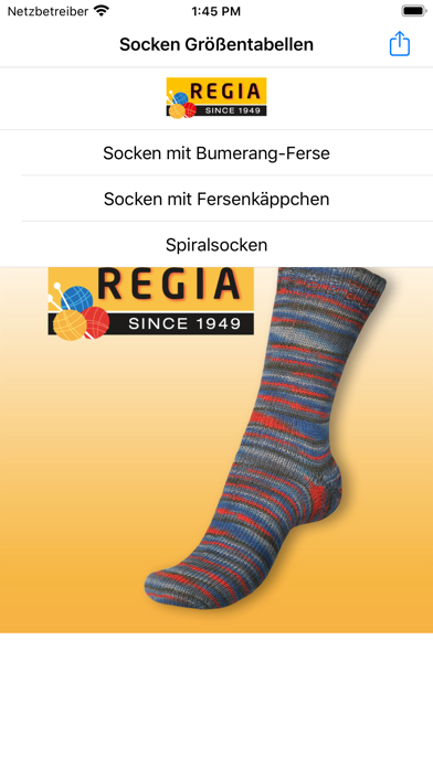 Socken Größentabellen Screenshot