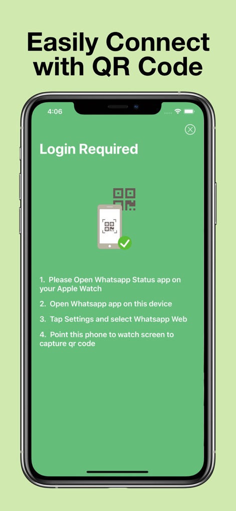 Status Saver: Photo & Video - Users can effortlessly connect the app using clear, numbered instructions for QR code scanning, alongside an illustrative graphic demonstrating Apple Watch integration.