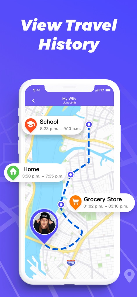 Find My Phone, Friends Tracker - Les utilisateurs peuvent consulter l'historique des trajets de leurs proches, avec une visualisation claire sur la carte et des horodatages précis pour chaque lieu visité.