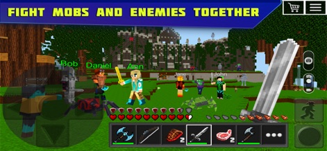 Planet of Cubes Craft and Mine - A imagem destaca batalhas dinâmicas, onde os avatares dos jogadores usam espadas e arcos para enfrentar mobs hostis e inimigos. Os corações visíveis na interface indicam a saúde dos personagens durante o confronto.