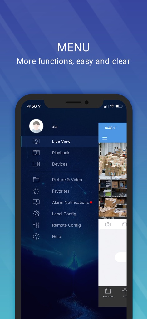 EZView UNV - Users can effortlessly navigate through the app's robust features via the clear side menu, providing quick access to essential functions like Live View and Alarm Notifications.