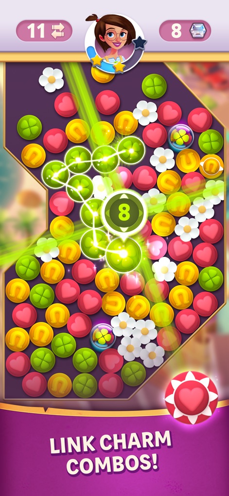 Diamond Diaries Saga - Players can initiate glowing chain reaction visuals by linking charms, leading to the activation of special heart-shaped power-ups for enhanced gameplay.