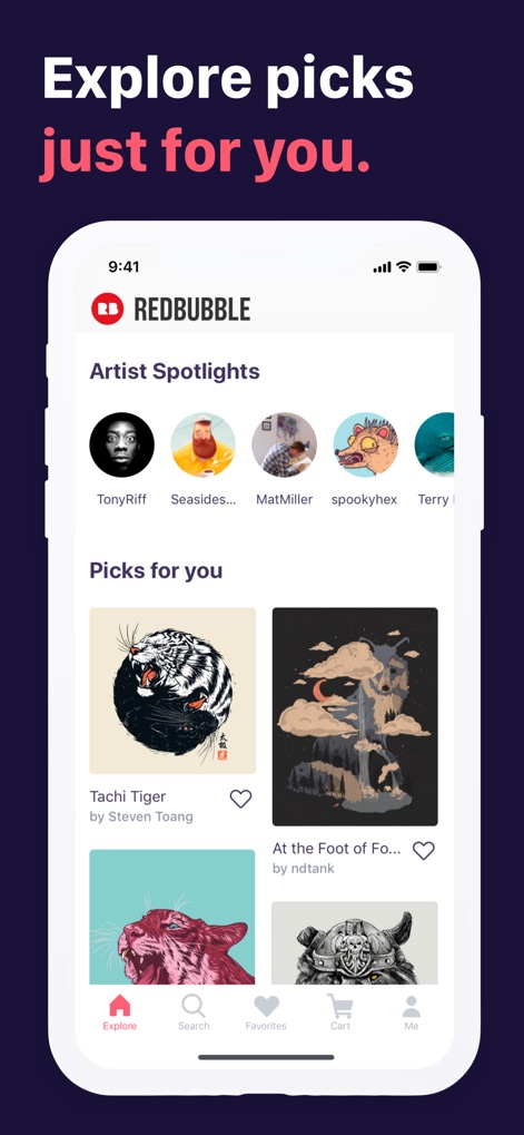 Redbubble - Shop original art - Experience personalized discovery within the app, where curated "Artist Spotlights" and "Picks for you" sections display captivating art such as the "Tachi Tiger" design.