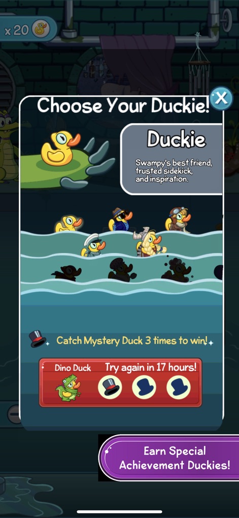 Where's My Water? 2 - La interfaz de selección permite a los usuarios personalizar su experiencia eligiendo entre diversos patitos coleccionables y enfatiza el sistema de logros temáticos para recompensas exclusivas.