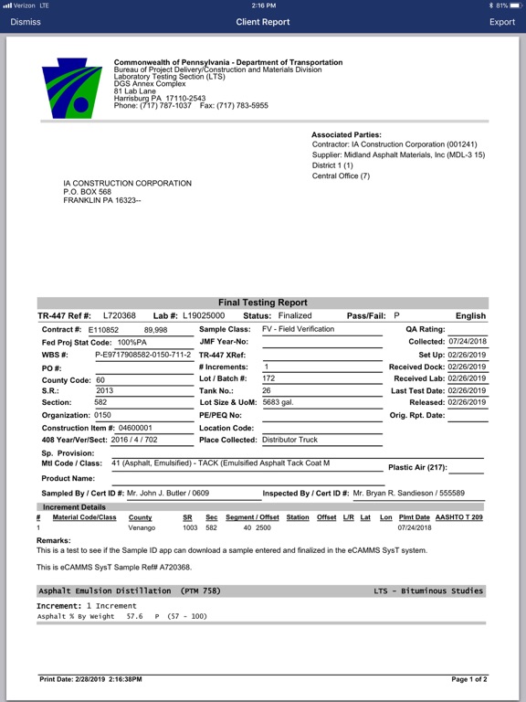 PennDOT - Sample ID iPad screenshot
