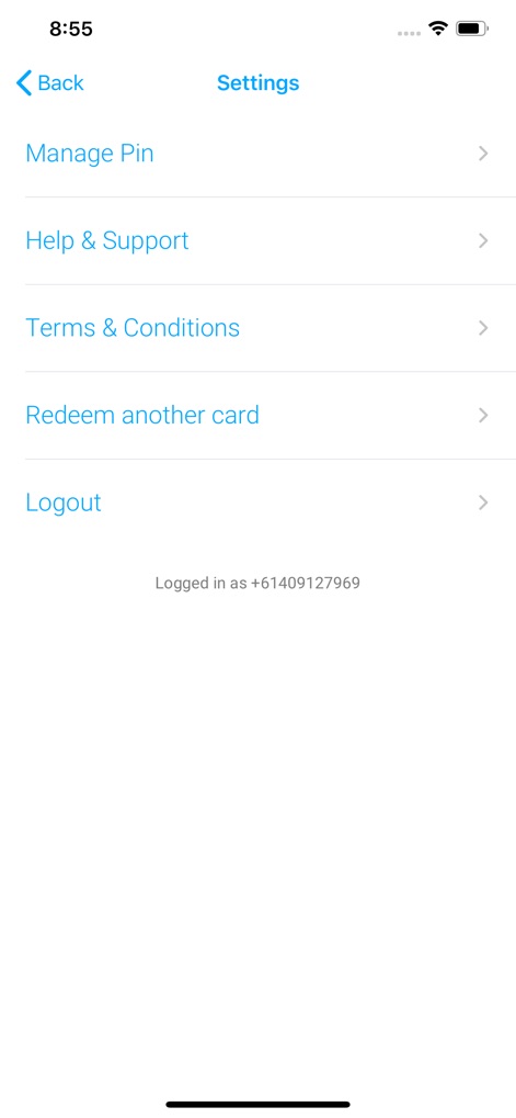 Get My eCard - Discover the app's intuitive 'Settings' interface, offering options to 'Manage Pin' and 'Redeem another card' for complete user control over their digital rewards.