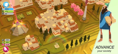 Godus - The image illustrates societal advancement, featuring complex multi-story structures and the impressive pyramidal building.