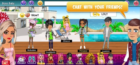 MovieStarPlanet: Classic - Les utilisateurs peuvent interagir dans des salons de discussion animés comme le cadre luxueux de la piscine, favorisant la socialisation et l'échange via des bulles de conversation expressives.