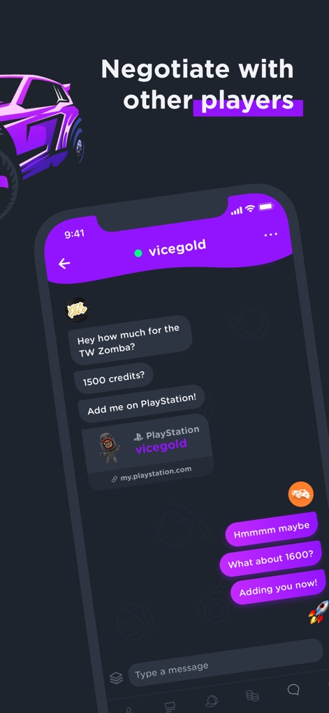 RL Garage for Rocket League - Die App ermöglicht direkte Kommunikation mit anderen Spielern wie 'vicegold', um Handelsdetails, beispielsweise für 'TW Zomba'-Angebote, in Echtzeit zu verhandeln.