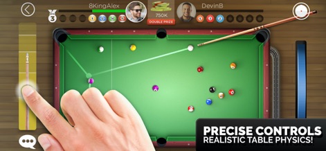 Kings of Pool - Users can master their shots with precise controls, featuring a dynamic shot line for aiming and a responsive power meter for shot strength.