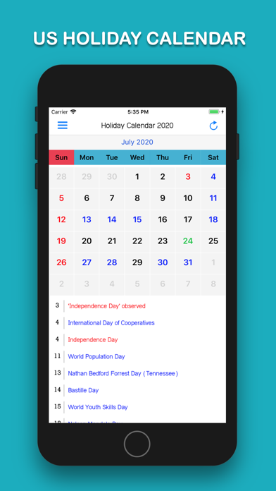 US Holiday Calendar Screenshot