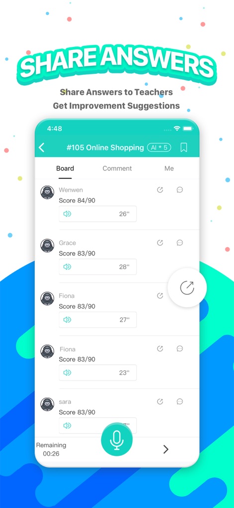 PTE Exam Practice - APEUni - Explore the collaborative features, including a shared answer leaderboard showcasing other users' scores and recordings, and integrated sharing options to get feedback from peers or teachers.