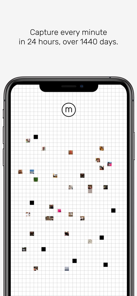 minutiae: Real Life - Users can visualize their evolving collection of moments as a personal mosaic, represented by the expansive grid layout of many small square images surrounding the central 'm' logo.
