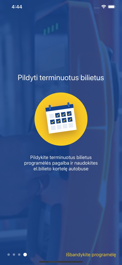 e.Ticket Klaipėda - Users learn about topping up term tickets, featuring a calendar icon representing validity periods and instructions for using the e-ticket card on the bus.