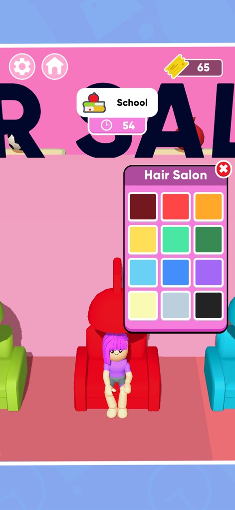 Famous Fashion - Dress Up Game - 「ヘアサロン」のポップアップウィンドウが表示され、ユーザーは豊富な「髪の色」の中から好きな色を選択できます。また、「School」というテーマが表示されており、それに合わせたスタイリングが求められます。