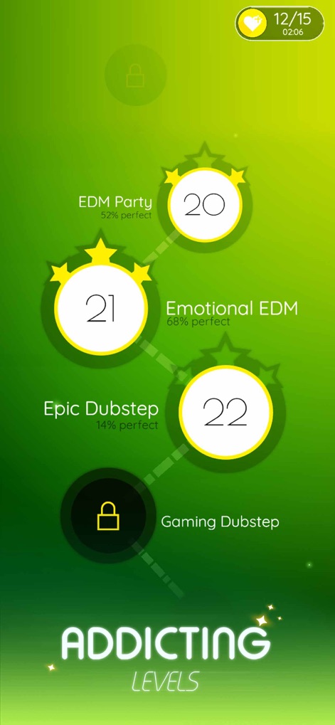 Dancing Ballz: Magic Tiles - The app showcases a comprehensive level progression map, displaying star ratings and performance percentages for each stage, encouraging users to achieve perfection.