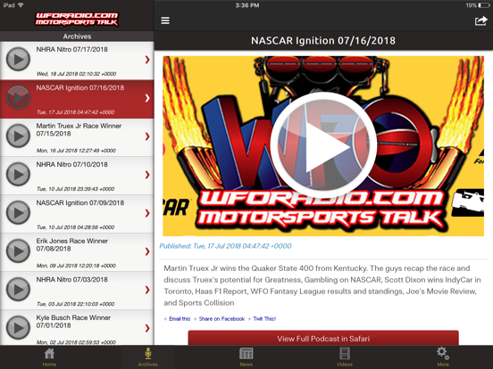 WFO Radio NHRA NASCAR Podcast iPad screenshot 2 - Sports app
