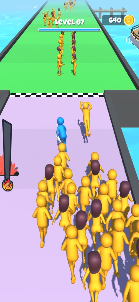 Slap And Run - 青いキャラクターが巨大な黄色いキャラクターの群衆の中を駆け抜け、集まる人々を巧みに避けながら進む様子が描かれています。