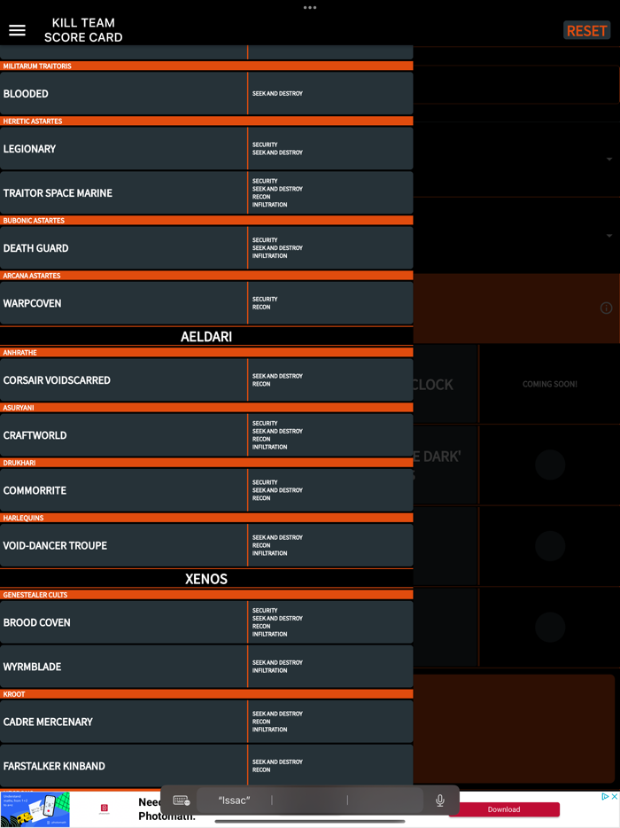 Kill Team Score Card