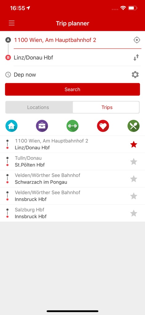 ÖBB Scotty - Users can easily input their departure and destination using the intuitive "From" and "To" fields, alongside quick access to frequently used routes for streamlined planning.