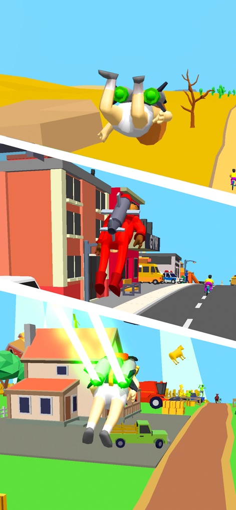 Bike Hop: Crazy BMX Jump 3D - This collage offers a glimpse into 'dynamic perspectives' of flight and crashes, showcasing both successful jetpack propulsion and 'varied jetpack designs' across different environments.