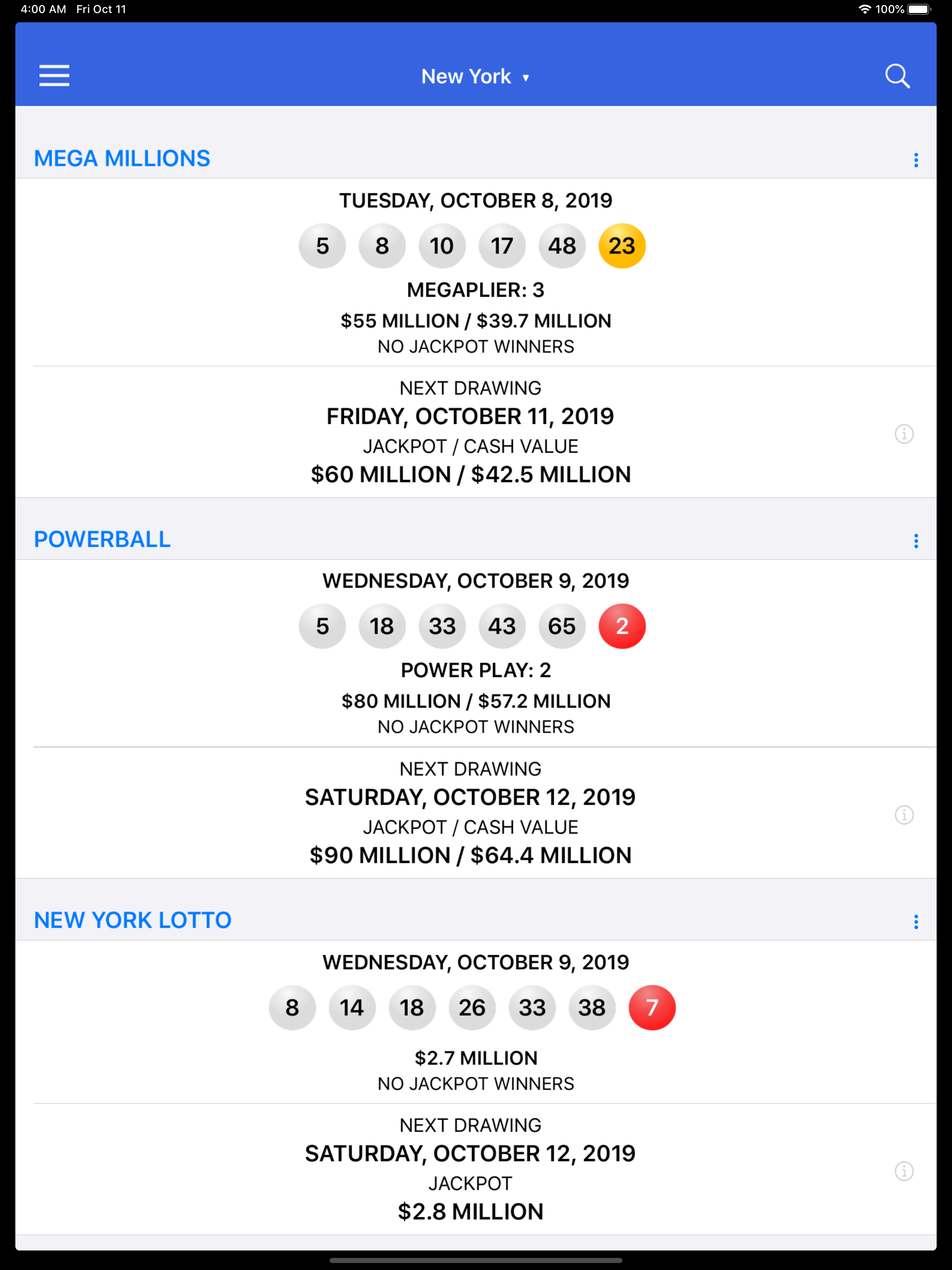 Lotto Results - Lottery in US