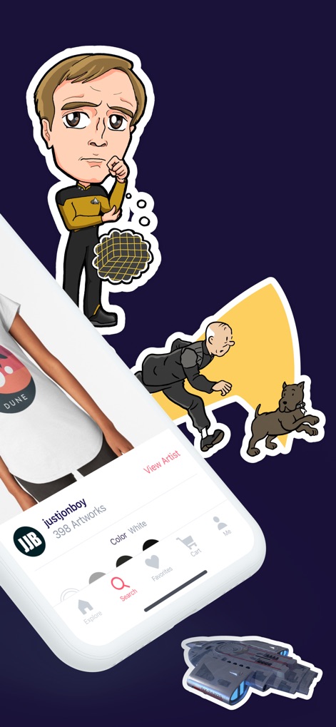Redbubble - Shop original art - Connect directly with artists by exploring their profiles, like "justjonboy" with "398 Artworks", and customize products such as the "Dune" logo t-shirt with various color options.