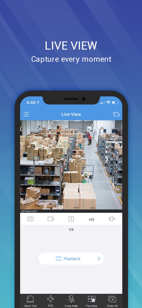 EZView UNV - The app delivers crystal-clear live video feeds, allowing users to monitor their premises in real-time, complete with intuitive controls for capturing snapshots and utilizing PTZ functionality.