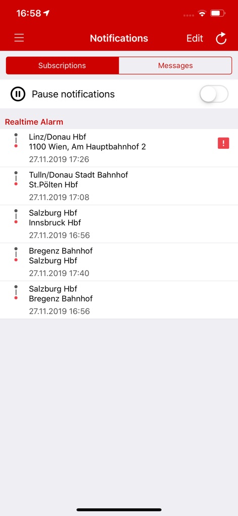 ÖBB Scotty - Users can manage real-time alarms for specific routes, displayed with origin and destination, and conveniently toggle the "Pause notifications" feature for personalized control.