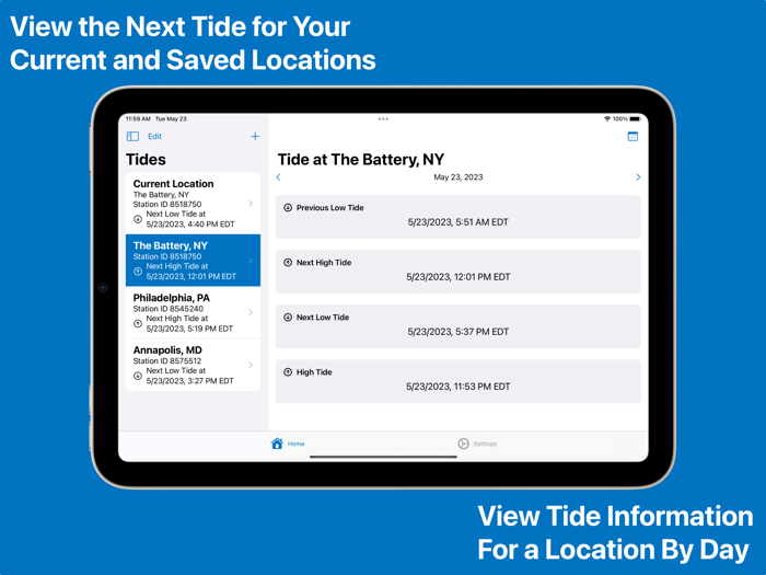 Tides - high and low tide info